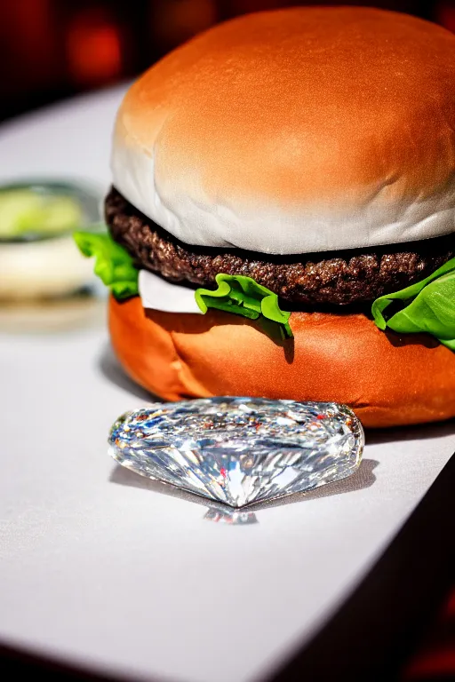diamond burger with crystals on the silk pillow, Stable Diffusion