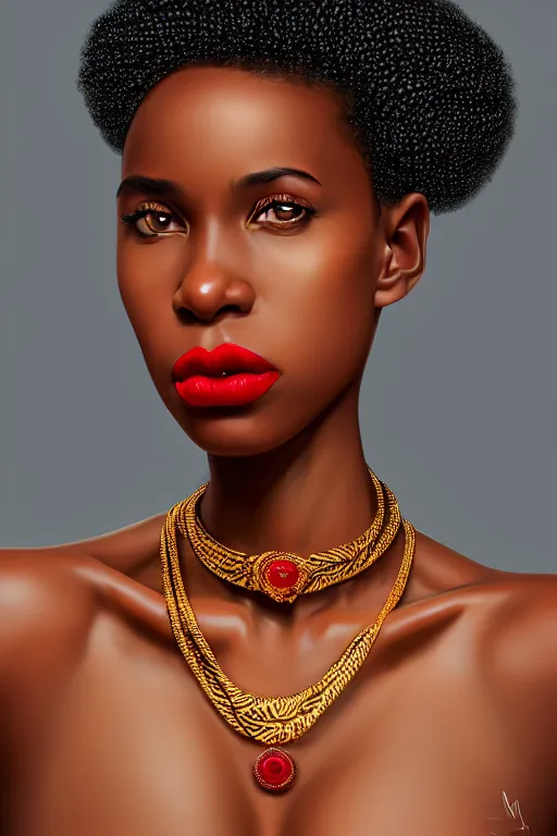Prompt: portrait of young black girl, short blonde Afro,sexy red lips, tall and slim figured, Brooklyn based clothing, highly detailed and rendered gold jewelry, digital art, intricate, sharp focus, Trending on Artstation, HQ, unreal engine 5, 4K UHD image, by brom, artgerm, face by Otto Schmidt