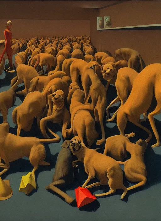 Prompt: crowd of dogs with recovery cones Edward Hopper and James Gilleard, Zdzislaw Beksinski highly detailed