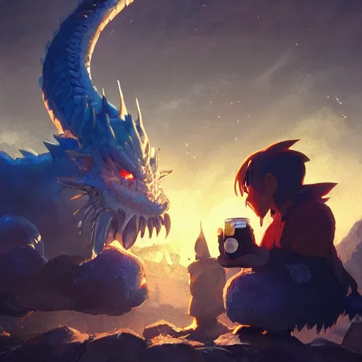 Image similar to a dwarf and a dragon drinking a beer together | gapmoe kuudere moody lighting stunning bokeh highlights sharp contrast | trending pixiv fanbox | by greg rutkowski makoto shinkai takashi takeuchi studio ghibli