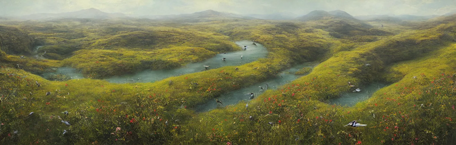 Prompt: A meadow with a stream, birds eye view with horizon visible, illustration, detailed, smooth, soft, warm, by Adolf Lachman, Shaun Tan, Surrealism