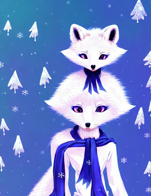 Prompt: a cute anthropomorphic arctic fox girl anthro wearing indigo ribbons and a fluffy robe, winter park background, very anime!!! kawaii!! furry!! intricate details, aesthetically complementary colors, scenic background, real life fursona photography. trending on artstation, top rated on pixiv and furaffinity