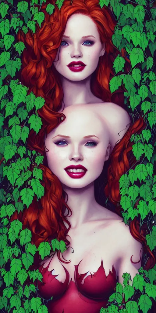 Prompt: beautiful Madelaine Petsch poison ivy DC comics, evil smile, realistic character concept, fun pose, comic book, illustration, slender symmetrical face and body, surrounded by vines and plants, artstation, cinematic lighting, hyperdetailed, high resolution, Charlie Bowater, Tom Bagshaw, single face, insanely detailed and intricate, beautiful