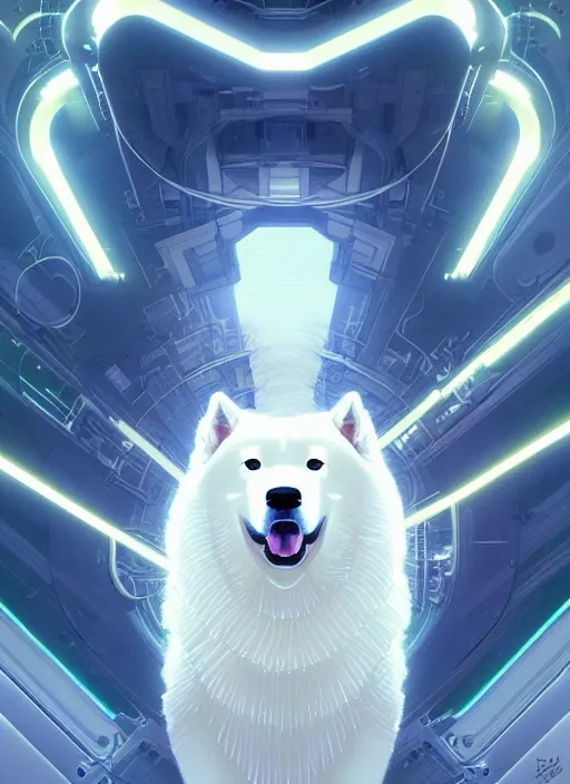 Prompt: ! dream symmetry!! portrait of a samoyed dog, sci - fi, tech wear, glowing lights!! intricate, elegant, highly detailed, digital painting, artstation, concept art, smooth, sharp focus, illustration, art by artgerm and greg rutkowski and alphonse mucha