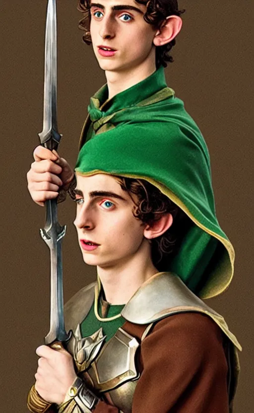 Prompt: Timothee Chalamet as Link from Legend of Zelda, elf ears, +++ super super super dynamic posing, j.c. leyendecker, Valentina Remenar, thick eyebrows, super serious facial expression, holding a sword & shield, ocarina of time