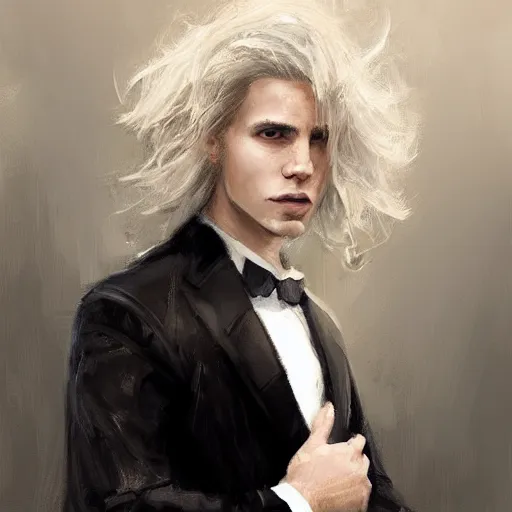 Prompt: Portrait of an androgynous man by Greg Rutkowski, he is about 30 years old, mixture between russian and irish, long fluffy blond curly hair, attractive, extremely pale white skin, smart looking, he is wearing a black futuristic lawyer outfit, highly detailed portrait, scifi, digital painting, artstation, concept art, smooth, sharp foccus ilustration, Artstation HQ