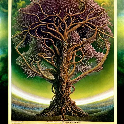 Prompt: sacred ancient ancestral mulberry tree by roger dean and andrew ferez, art forms of nature by ernst haeckel, divine chaos engine, symbolist, visionary, art nouveau, botanical fractal structures, tree of life, lightning bolts, heimat, detailed, realistic, surreality