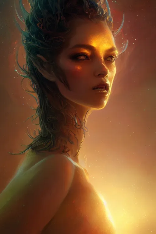 Image similar to attractive alien woman, close - up portrait, intricate, elegant, volumetric lighting, scenery, digital painting, highly detailed, artstation, sharp focus, illustration, concept art, gaston bussiere, ruan jia, steve mccurry