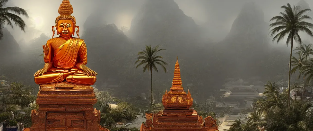 Prompt: a single detailed robotic thai buddha with an orange robe, high camera angle, mystic atmosphere, a detailed metallic temple on a misty mountain, shiny reflections, high detailed palm trees, volumetric fog, perspective painting, atmospheric shot, cinematic establishing shot, high detail digital painting, in the style of brian despain, dystopian, unreal engine, maya