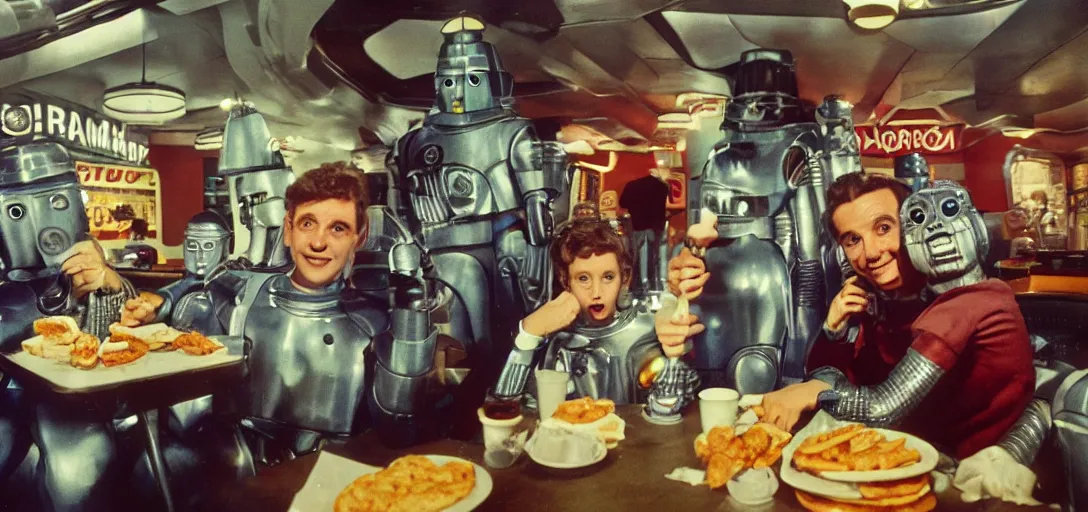 Prompt: cybermen and daleks and happy families eating fast food, inside a vintage fast food restaurant, kodak Ektachrome 10, 15mm wide angle close up