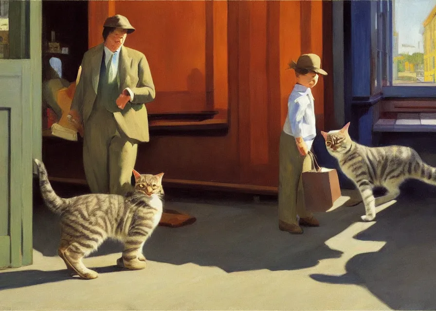 Prompt: a brownish gray tabby cat walking on its hind legs like a human shopping at costco, american realism style, edward hopper, george bellows, bo bartlett, jamie wyeth