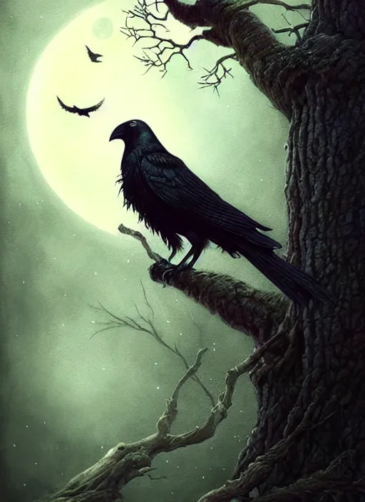 Image similar to side portrait dark crow on tree in front of the full big moon, fine art, awesome fantasy book cover on Pinterest, award winning, fantasy forest landscape, fantasy magic, dark golden light night, intricate, elegant, sharp focus, illustration, highly detailed, digital painting, concept art, matte, art by WLOP and Artgerm and Greg Rutkowski, masterpiece, trending on artstation