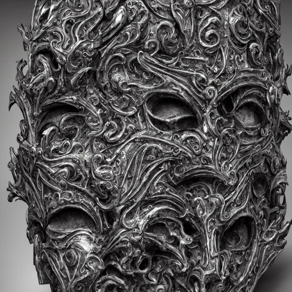 Image similar to an ominous dark ancient mask. hyper - detailed. gothic baroque. symmetric. epic. unreal render.