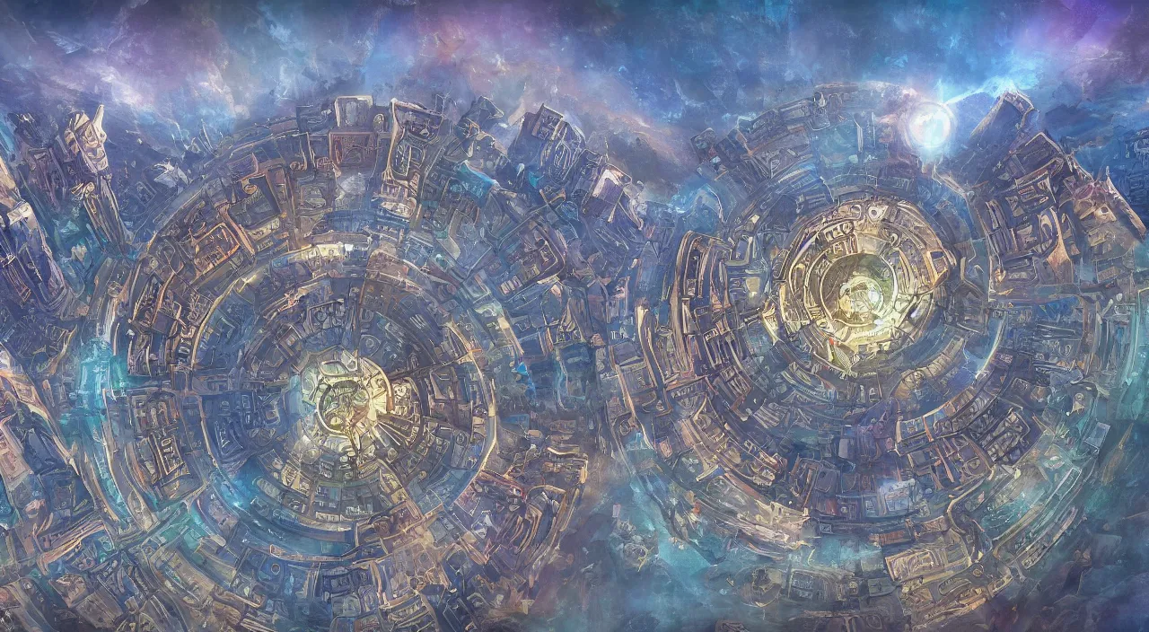 Image similar to beautiful digital painting of sigil, the city of doors, located atop the spire in the outlands. it has the shape of a torus, and the city itself is located on the inner surface of the ring. there is no sky, simply an all - pervasive light that waxes and wanes to create day and night.