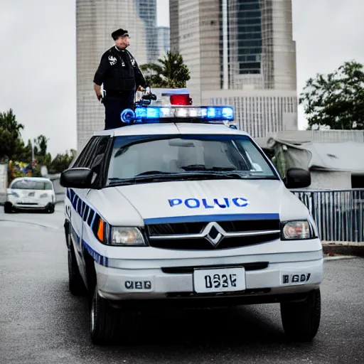 Prompt: an elderly man standing on the roof of a police car, canon eos r 3, f / 1. 4, iso 2 0 0, 1 / 1 6 0 s, 8 k, raw, unedited, symmetrical balance, wide angle