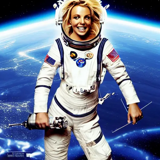 Prompt: of a great movie poster of britney spears as a hero sci fi space cosmonaut holding a raygun in a nice action pose, there is an explosion on the background of a space station shaking britney's hair and lighting her with a rim light, she is laughing, opps i did it again, f 2. 8, advertising lighting,