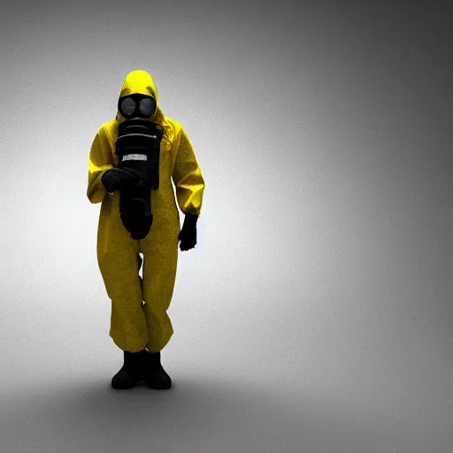 Image similar to a man wearing a hazmat suit and gasmask, realistic blender render, concept