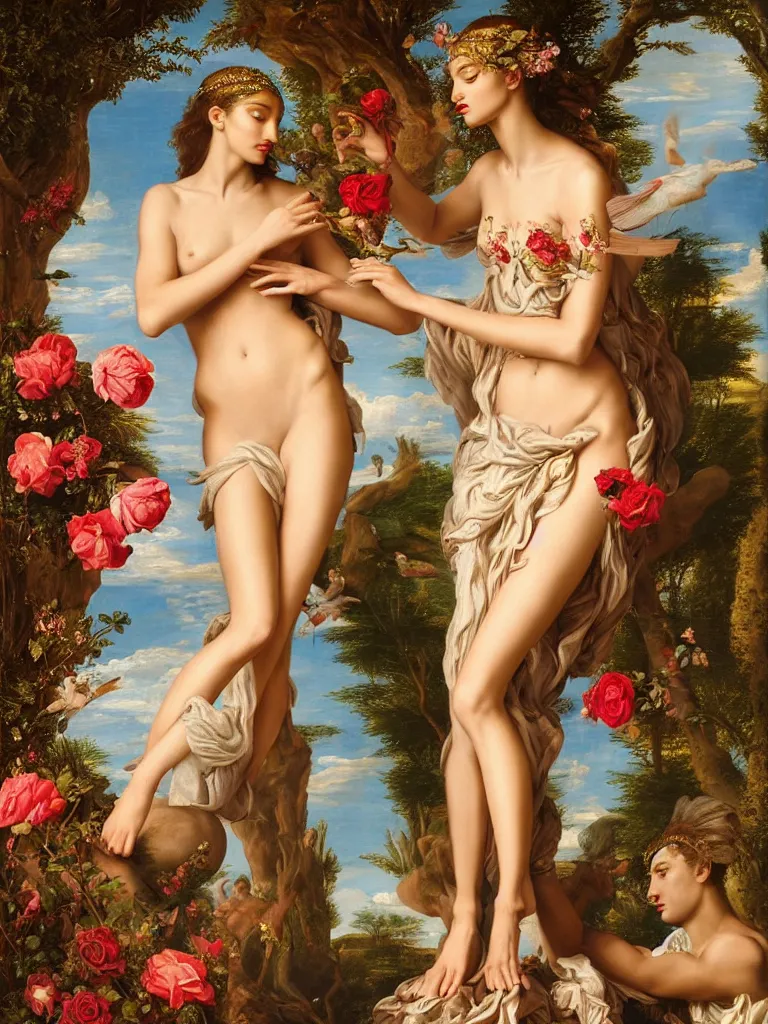 Prompt: regal portrait of jourdan dunn as aphrodite, goddess of love : : the birth of venus : : background of roses, myrtle, doves : : rococo, academicism