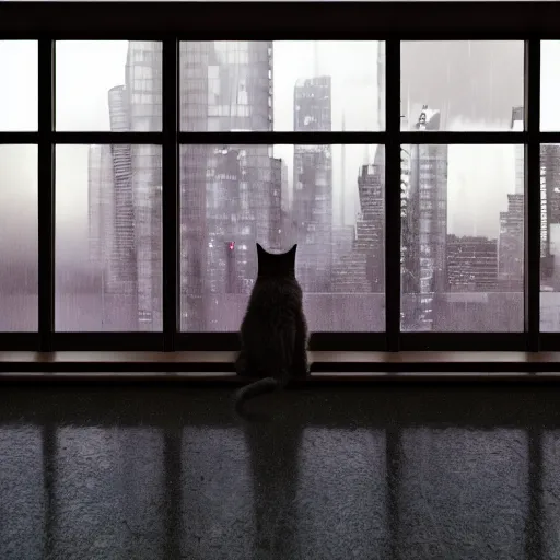 Image similar to A cat sitting on a Windows watching the view of a cyberpunk city, 24mm, 8k, octane render, beautiful, peaceful, cyberpunk, moody, raining, rain, super detailed, dof, volumetric lighting, rtx, raytracing, cyberpunk 2077.