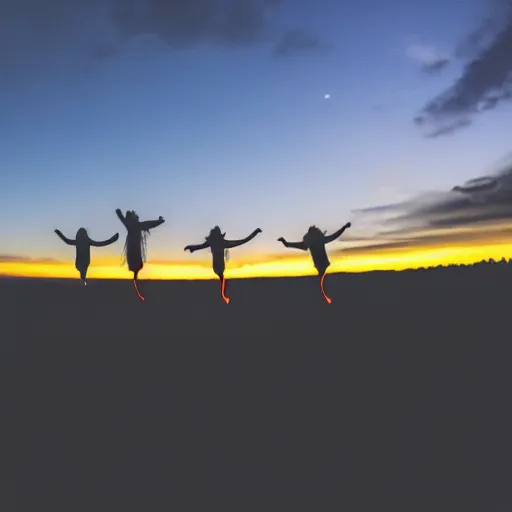 Image similar to a wide angle photo of three small orange glowing people rising into the sky, far away, inspiring, beautiful, brightly colored, paranormal