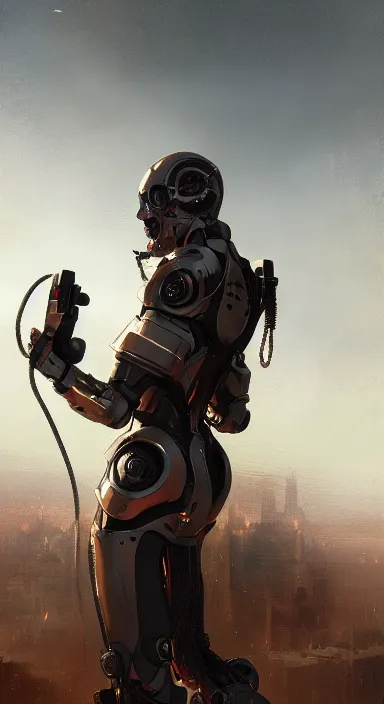 Prompt: full length portrait of a catholic cyborg saint djing with headphones on, cinematic background, high detail, digital art, 4 k, painted by greg rutkowski and asher brown durand, trending on artstation