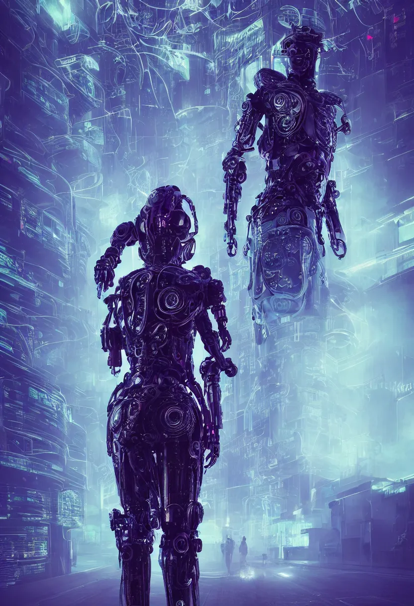 Prompt: an epic portrait of a cyberpunk robot wizard knight with a digital netrunner neon filigree robe and a saintly halo behind their head in a mist-filled brutalist international futurist megacity, muted neon and constant rain with alien stars poking through the clouds, unreal 5, DAZ, detailed, octane render, soft focus, brilliant colors, high contrast, brilliant highlights, 4k, 8k, HD, trending on artstation, trending on DeviantArt, art by Alena Aenmai by Wayne Barlowe by Beeple, abstract