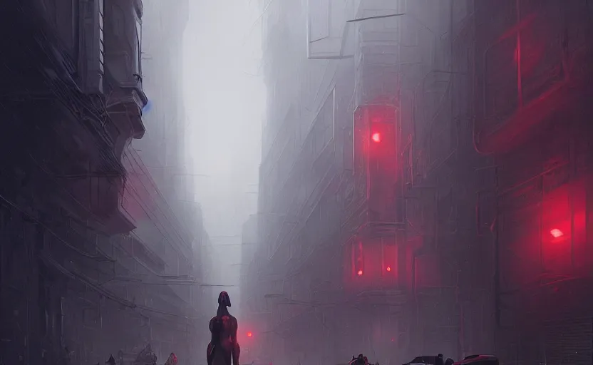 Prompt: dark futuristic street, soft grey and red natural light, intricate, digital painting, artstation, concept art, smooth, sharp focus, illustration, art by greg rutkowski and luis rollo and uang guangjian and gil elvgren, symmetry!