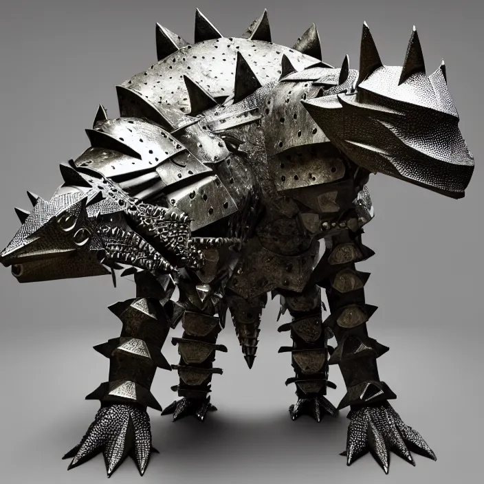 Image similar to photo of a warrior with metal stegosaurus themed armour and helmet, highly detailed, 4 k, hdr, smooth, sharp focus, high resolution, award - winning photo