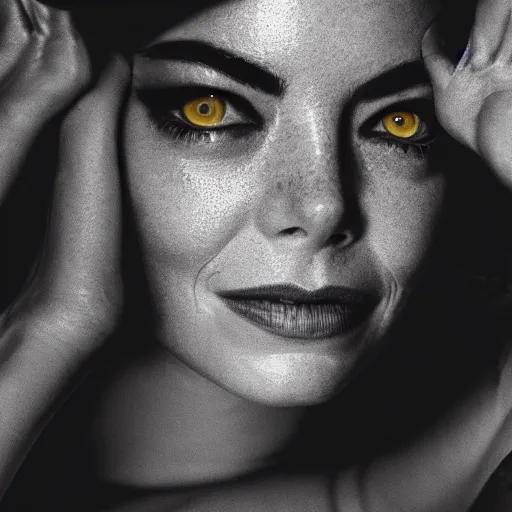 Image similar to Fully-clothed full-body portrait of Emma Stone as catwoman with eyes covered, XF IQ4, 50mm, F1.4, studio lighting, professional, 8K