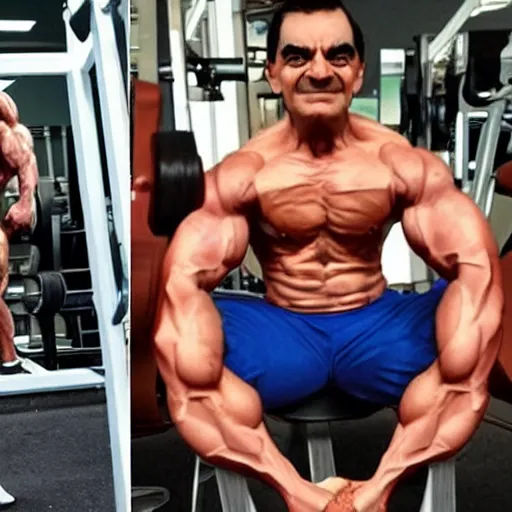 Image similar to mr. bean but a bodybuilder