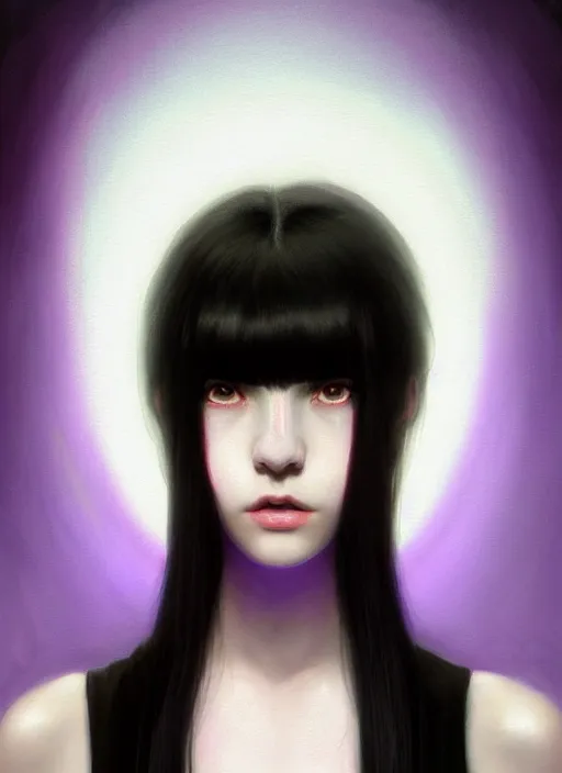 Image similar to portrait of teenage girl with white bangs, red irises, black hair, purple clothes, white bangs, bangs are different color from hair, intricate, front of hair is white rest is black, elegant, glowing lights, highly detailed, digital painting, artstation, concept art, smooth, sharp focus, illustration, art by wlop, mars ravelo and greg rutkowski