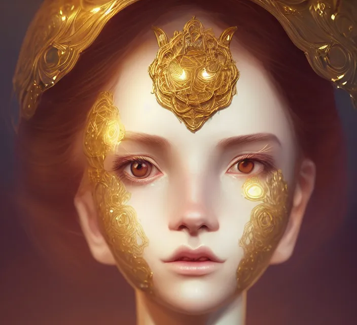 Prompt: cute anthropomorphic treasure by charlie bowater and anna dittmann and artgerm and clemens ascher, portrait, intricate, elegant, gold mist, product shot, macro, symmetrical face, highly detailed, dramatic lighting, sharp focus, octane render, trending on artstation, artstationhd, artstationhq, unreal engine, 4 k, 8 k