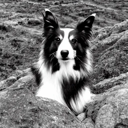 Image similar to a black and white colored Sheltie on a bluff on Isle of Slye. Illustration