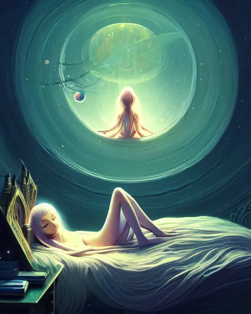 Image similar to beautiful painting of a elven sleeping on her bed, poster art by mor than, cgsociety, space art, sci - fi, cosmic horror, sense of awe, art by mike winkelmann, sky night, illustration, highly detailed, simple, smooth and clean vector curves, no jagged lines, vector art, smooth, artstation