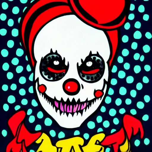 Image similar to angry clown skull in pinup style half dot design,