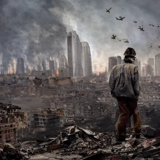 Image similar to a city is getting destroyed and buildings and palaces are collapsing a man from higher elevation looking at city while fire is everywhere and dead bodies and broken buildings are everywhere detailed