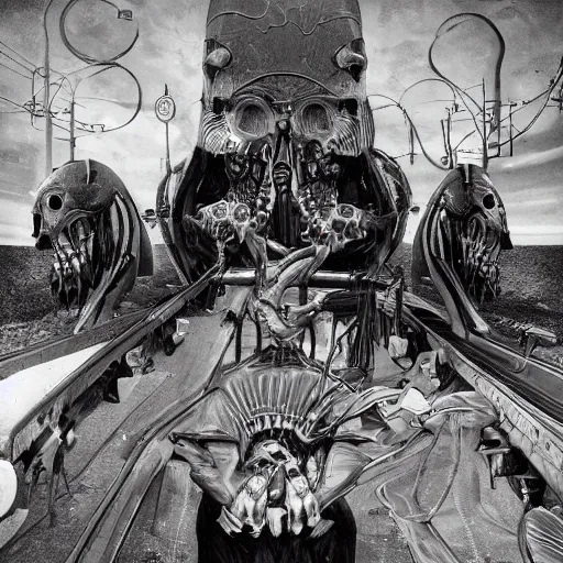 Image similar to human clones loaded onto a boxcar, biomechanical railroad, highly detailed, War Photography, Pushead art, by H.R. Giger