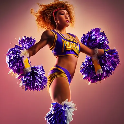 Image similar to full body pose, hyperrealistic mixed media painting of a cheerleader, dim volumetric lighting, 8 k, octane beautifully detailed render, extremely hyper detailed, intricate, epic composition, cinematic lighting, masterpiece, trending on artstation, very very detailed, masterpiece, stunning, hdr, smooth, sharp focus, high resolution, award, winning photo, dslr, 5 0 mm