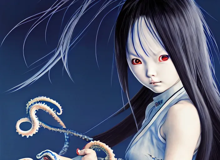 Prompt: Tekken 7 Portrait of Sadako with big eyes, Fighter concept girl fighting a squid tentacle on her space helmet, ilya kuvshinov, Kyoto animation, concept art, yoshitoshi abe, katsura masakazu,tsutomu nihei, gustav klimt, loish, kawaii, studio lighting, manga, bright colors, anime,beautiful, 35mm lens,noir, vibrant high contrast, gradation, jean giraud, moebius, fantasy, rule of thirds, fibonacci, intricate, cel shaded, flat, matte print, smooth,artstation, soft eyes,concept art