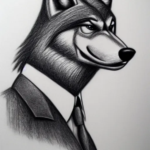 Image similar to portrait of anthropomorphic wolf in suit by tom finland, pencil drawing