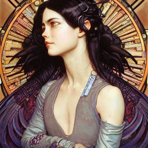 Image similar to Masterpiece portrait of battle angel Alita drawn by Donato Giancola and Tom Bagshaw, face by Artgerm and Edmund Leighton, Alphonse Mucha, background by James Jean and Gustav Klimt, 4k, posthuman, robotic body, porcelain skin, komorebi, french nouveau, trending on pixiv, octane render, hyperrealistic