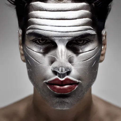 Image similar to a close up portrait of a beautiful athletic young persian male with his face covered in silver leaf , photographed by erwin olaf, artistic