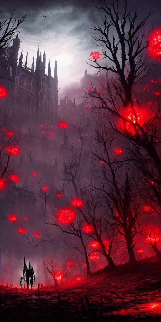 Prompt: populated bloodborne old valley with a dark person at the centre and a ruined gothic city in the background, trees and stars in the background, falling red petals, epic red - orange moonlight, perfect lightning, wallpaper illustration by niko delort and kentaro miura, 4 k, ultra realistic