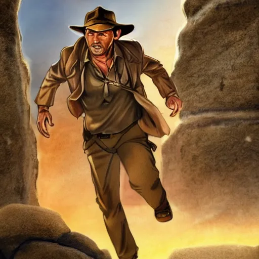 Prompt: Indiana Jones being chased by a boulder trap underground, boulder chase, inside ancient stone temple background, Indiana Jones running away from big round stone, raiders of the lost ark, detailed background, anime key visual