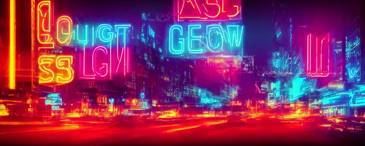 Image similar to night city, neon lights, glow signs , retrowave style, sunset