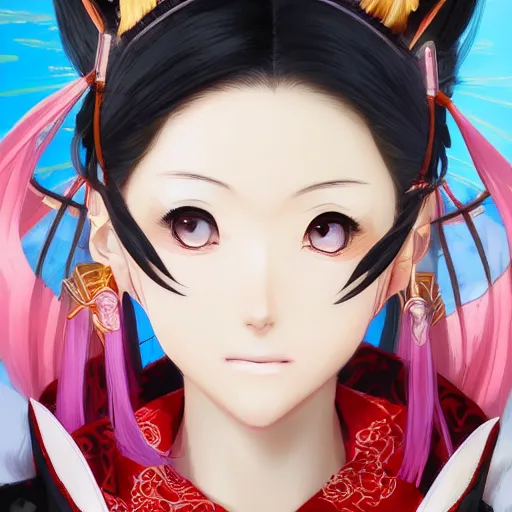 Image similar to A close-up anime portrait of Ssunbiki a noble Japanese lady with fox ears wearing a silk kimono from Skyrim, by a professional manga illustrator, Stanley Artgerm Lau, WLOP, Rossdraws, James Jean, Andrei Riabovitchev, Marc Simonetti, and Sakimichan, tranding on artstation