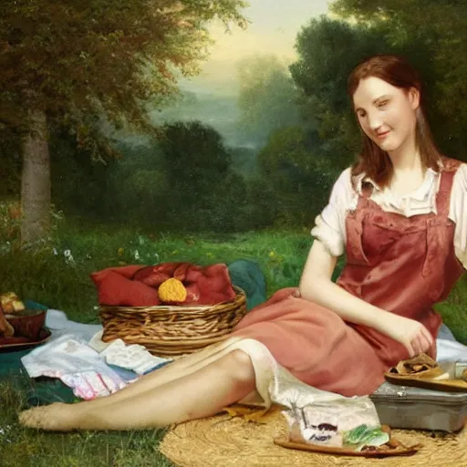 Prompt: a beautiful photograph of an oil painting of a young woman making a picnic
