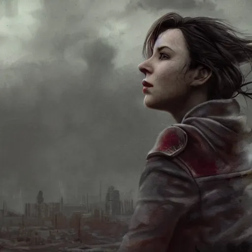 Image similar to fallout 5, charismatic beautiful rugged brunette female protagonist, portrait, outdoors ruined cityscape, atmospheric lighting, painted, intricate, volumetric lighting, beautiful, daytime, sunny, slight overcast weather, sharp focus, deep colours, ultra detailed, by leesha hannigan, ross tran, thierry doizon, kai carpenter, ignacio fernandez rios