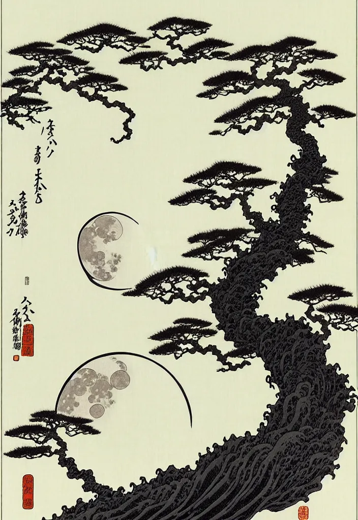 Prompt: prompt: weird white Bonsai tree holding and merging into big moon drawn by Takato Yamamoto, Japanese woodblock print style of Hokusai, white moon, clean ink detailed line drawing, intricate detail, manga 1990