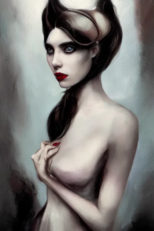 Image similar to a photo-realistically painted portrait of a singular lady vampire!!!!, dressed in a suit, perfect face!!!, beautiful eyes!!, digital painting, concept art, minimal artifacts, volumetric lighting, Artgerm, and William-Adolphe Bouguerea, in the style of Tom Bagshaw, cinematic!!, stunning!, trending on Artstation!, award-winning art!!!